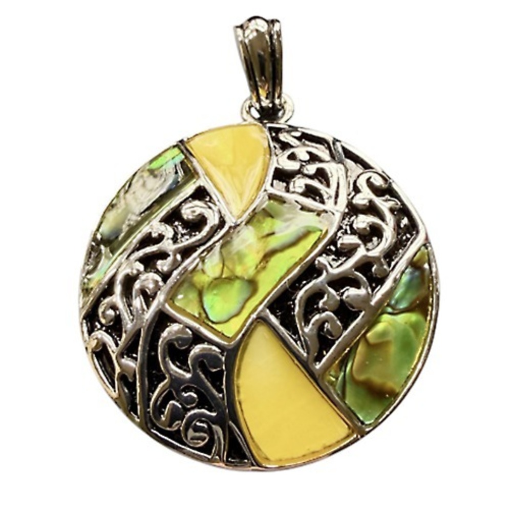 Retired Lia Sophia Abalone Shell Mosaic Statement Pendant Silver Tone 2"